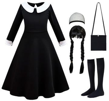 Luzlen Black Costume Girls With Wig Socks Kids Toddler Family Dress Halloween Cosplay Outfits, Black, 2-3T(Tag 100)