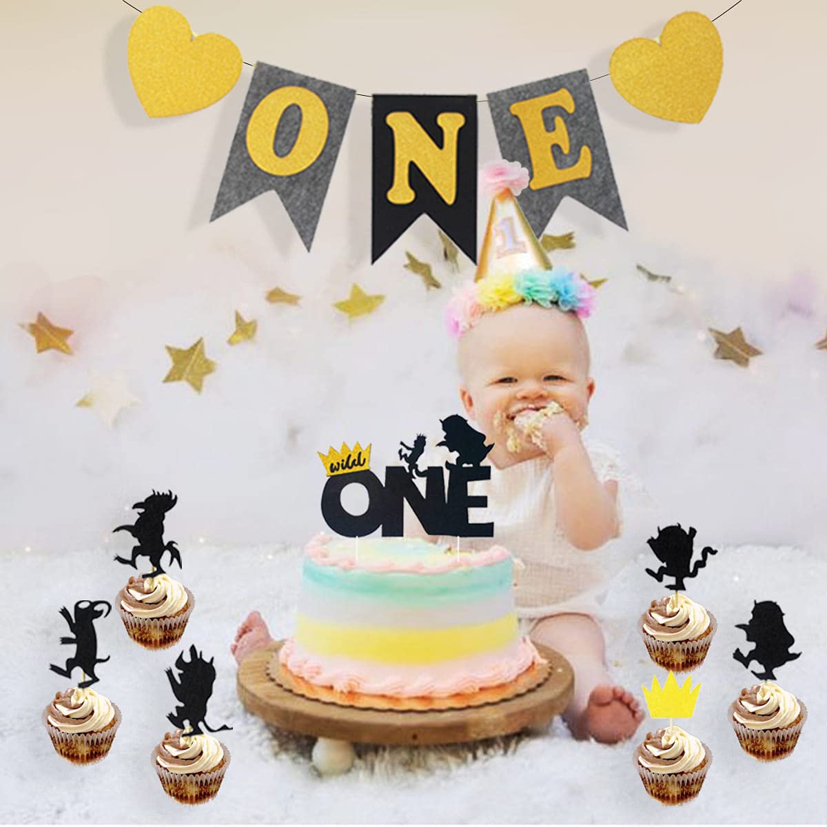 JOYMEMO Wild One Birthday Party Decorations Set, Black Gold Wild One Balloons, I ll Eat You Up I Love You So Banner, Cake Toppe