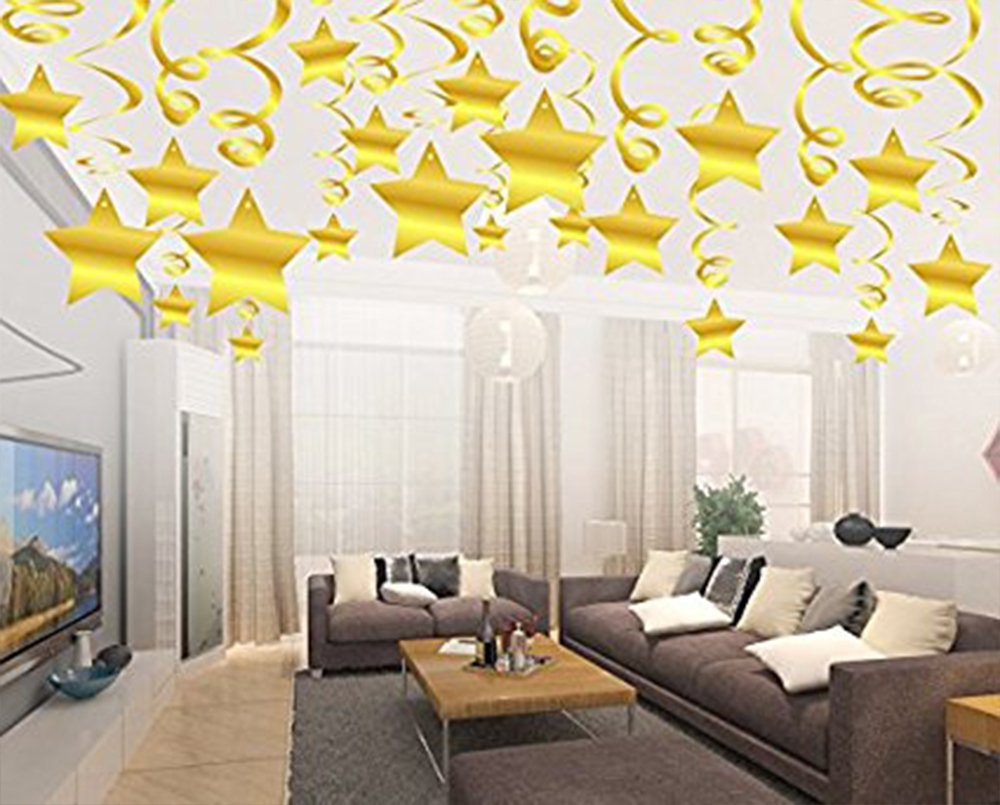 Aimtohome Party Swirl Decorations, Hanging Swirl For Ceiling Decorations, Gold With Star, Pack Of 30