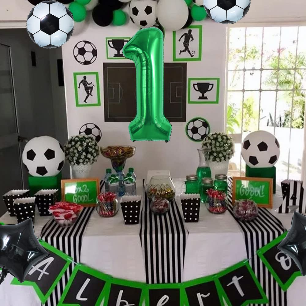 Toniful 32 Inch Soccer Balloons Set 1St Birthday Decoration Green Number 1 Foil Soccer Balloon Black Star Balloons For Children'