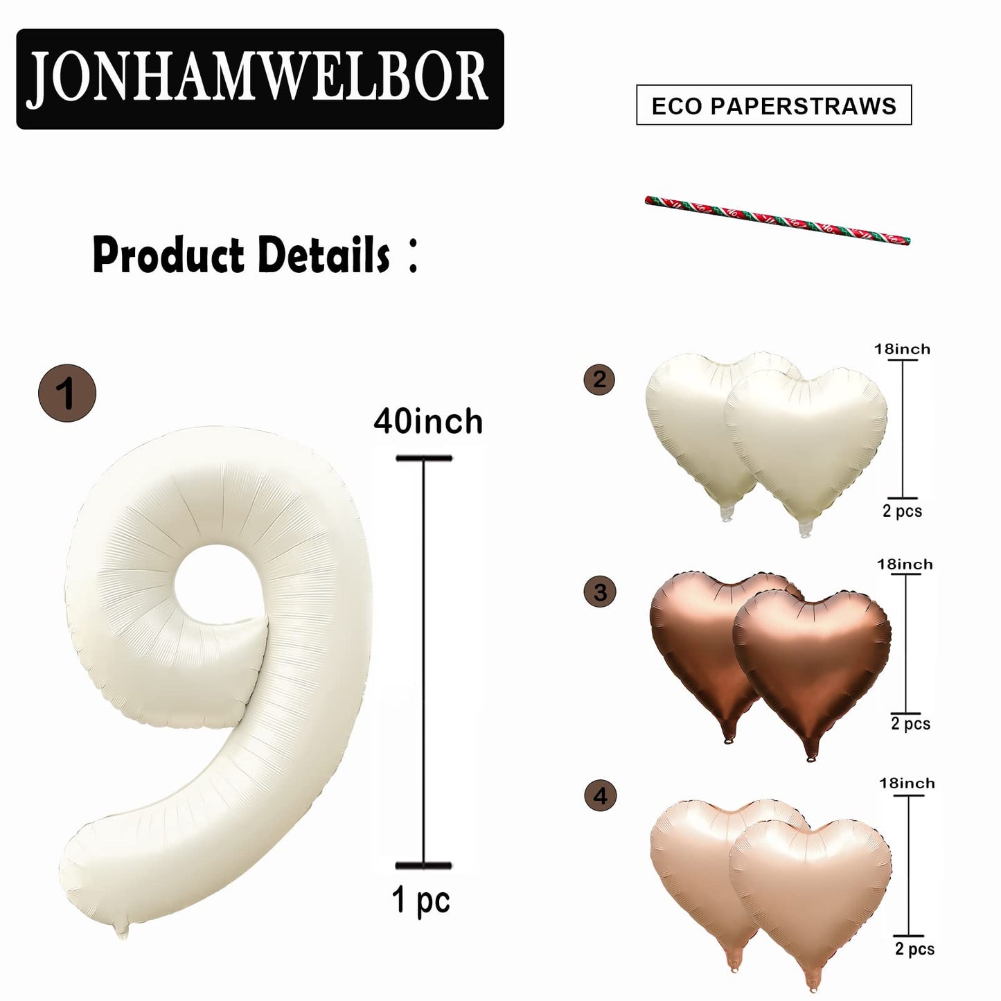 Jonhamwelbor 40 Inch Number 9 Balloon Cream White Large Size Foil Helium Number Balloon With Big Heart Balloons For Girl And Boy