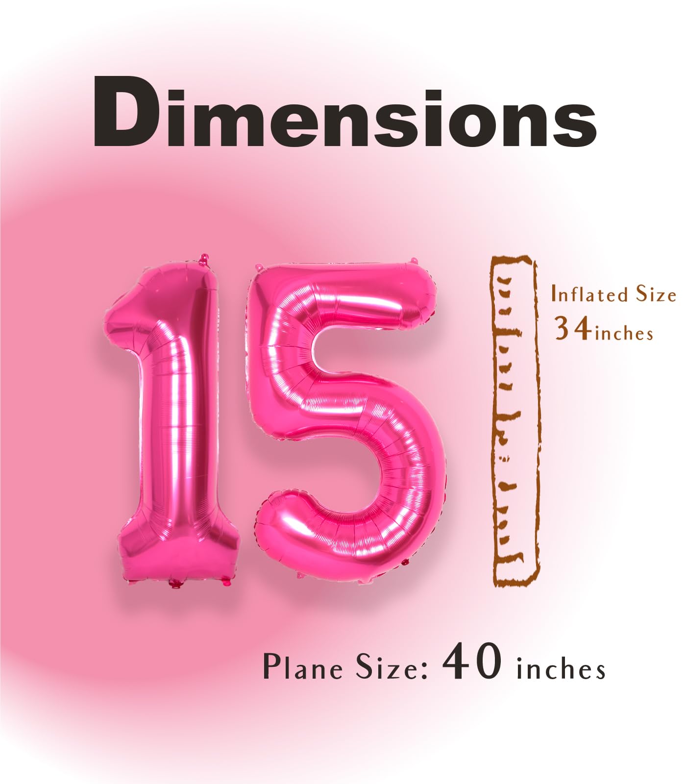 Suwen 40 Inch Hot Pink Large 15 Number Balloons Big Foil Helium Number Balloons 0-9 Jumbo Happy 15Th Mylar Birthday Party Decora