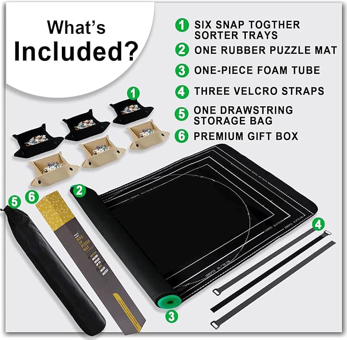 Lwoeo Jigsaw Puzzle Mat Roll Up, No Creases 48” X 30.7” Rubber Saver Pad Up To 2000 Pieces, Black Large Puzzel Matte Rollup With 6 Sorting Trays & 1 Storage Bag. Ideal For Holiday And Birthday