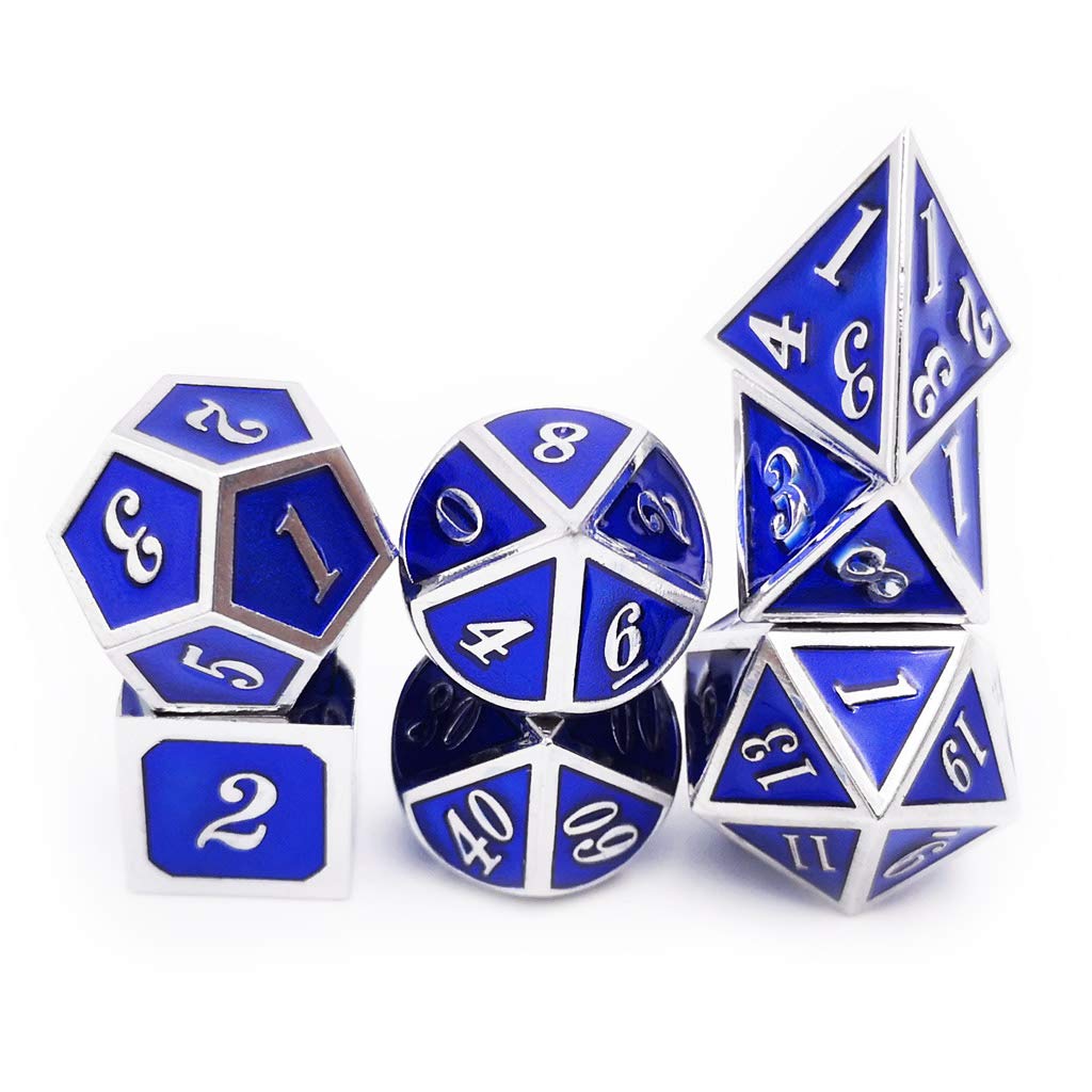 Haxtec Metal Dice Set D&D Silver Navy Blue Metal Polyhedral DND Dice for Dungeons and Dragons-Glossy Enamel Dice (Silver Navy Bl