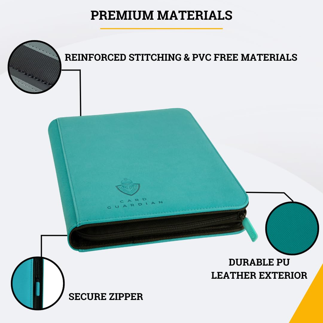 Card Guardian 9 Pocket Premium Trading Card Binder - Teal, Zippered, 30.5cm x 24.5cm, Compatible with Yugioh & MTG Cards