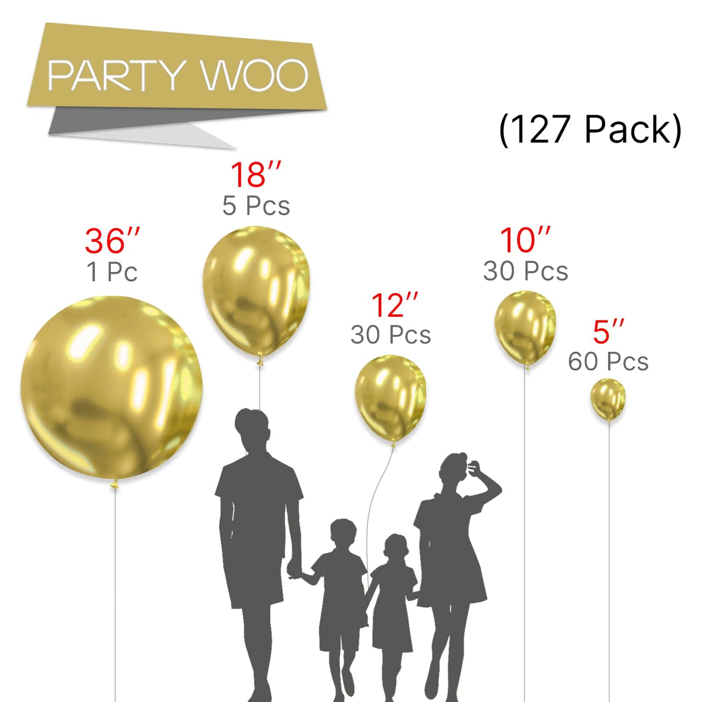Partywoo Metallic Gold Balloons, 127 Pcs Gold Metallic Balloons Different Sizes Pack Of 36 Inch 18 Inch 12 Inch 10 Inch 5 Inch Chrome Gold Balloons For Balloon Garland As Party Decorations, Gold-G101