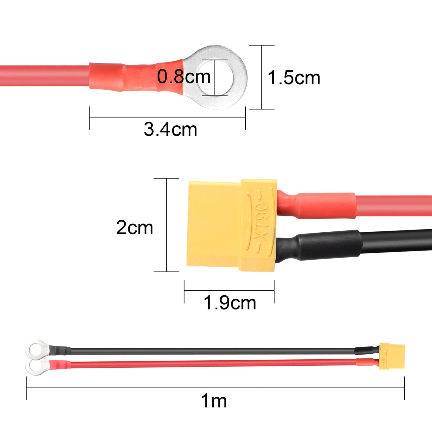 Riieyoca Xt90 To O Ring Terminal Cable,Xt90 Female To O Ring Connector Cable,With 1M 10Awg Silicon Wire,For Rc Lipo Battery Fpv