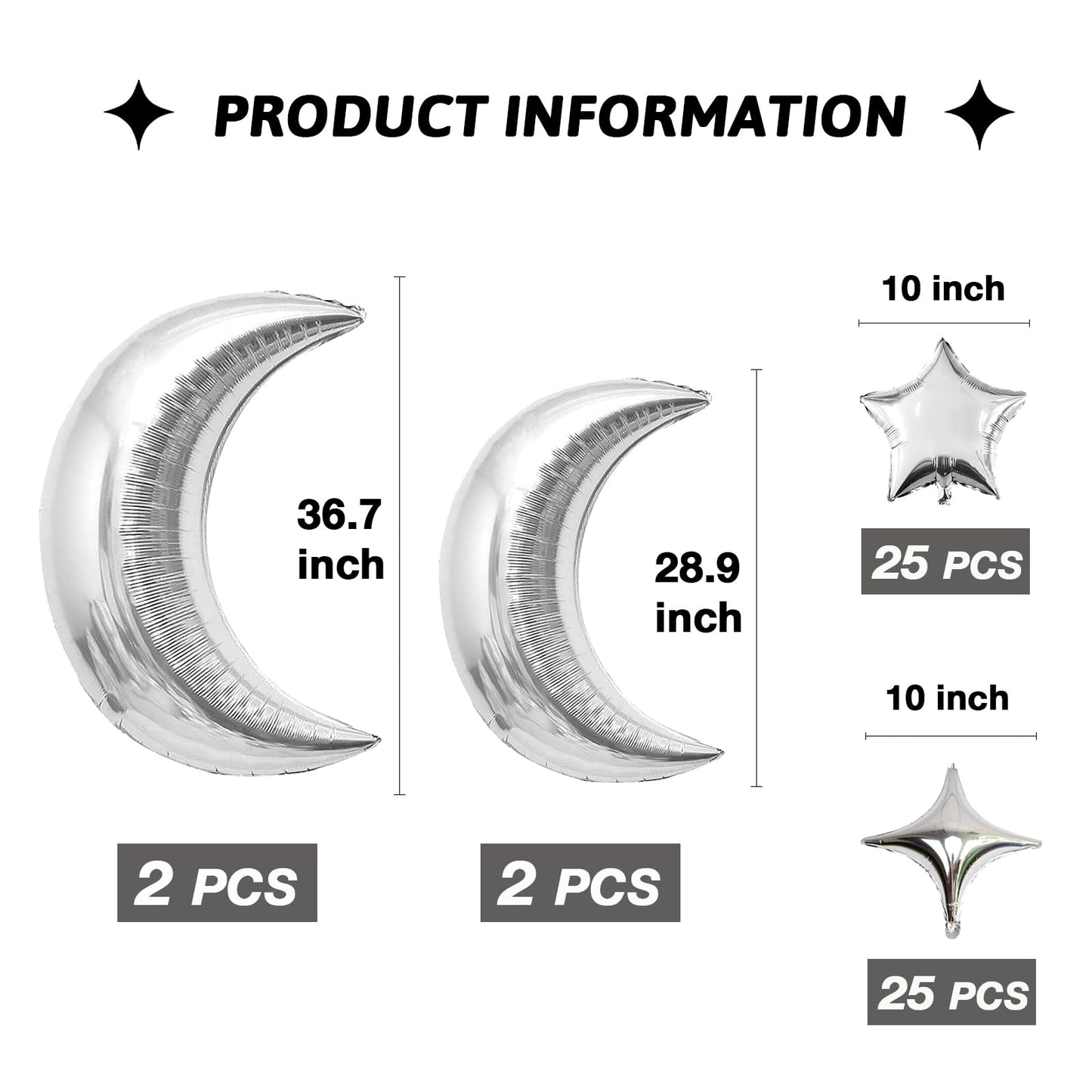 54Pcs Star Foil Balloons Moon Foil Mylar Balloons With 50Pcs Silver Star Balloons And 4Pcs Large Moon Foil Balloons For Baby Sho