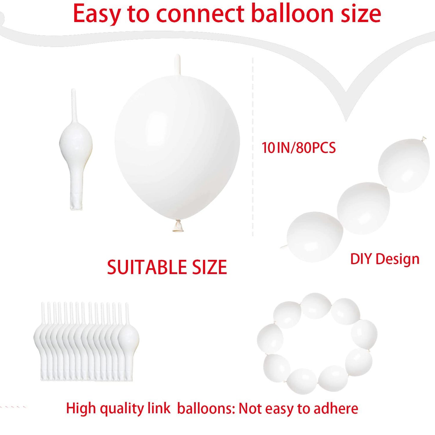 Adido Eva Link Balloons White 10 Inch Latex Quick Linkale Balloon 80 Pcs For Birthday, Halloween, Christmas, Party Festival Deco