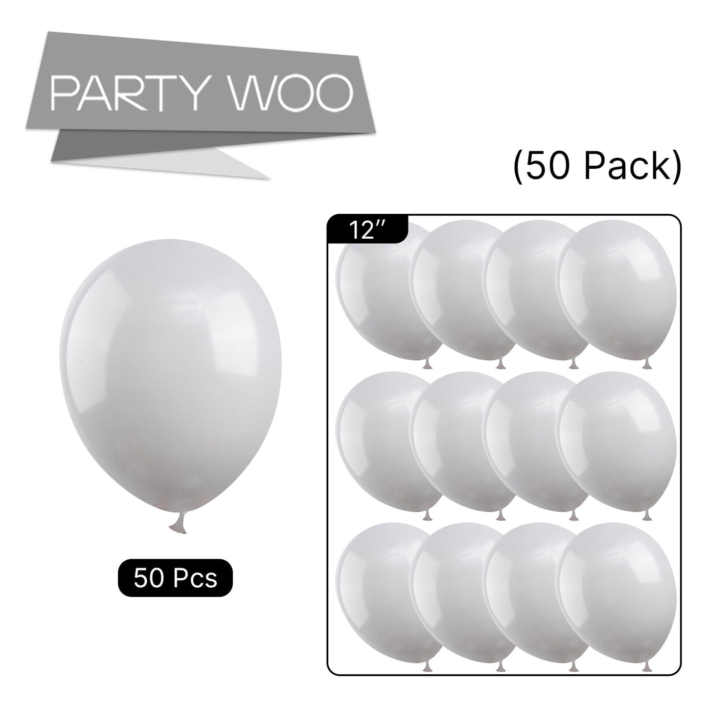 PartyWoo Gray Balloons - 50 pcs 12 Inch Matte Rubber Balloons for Birthday, Wedding & Baby Shower Decorations, Model Y71