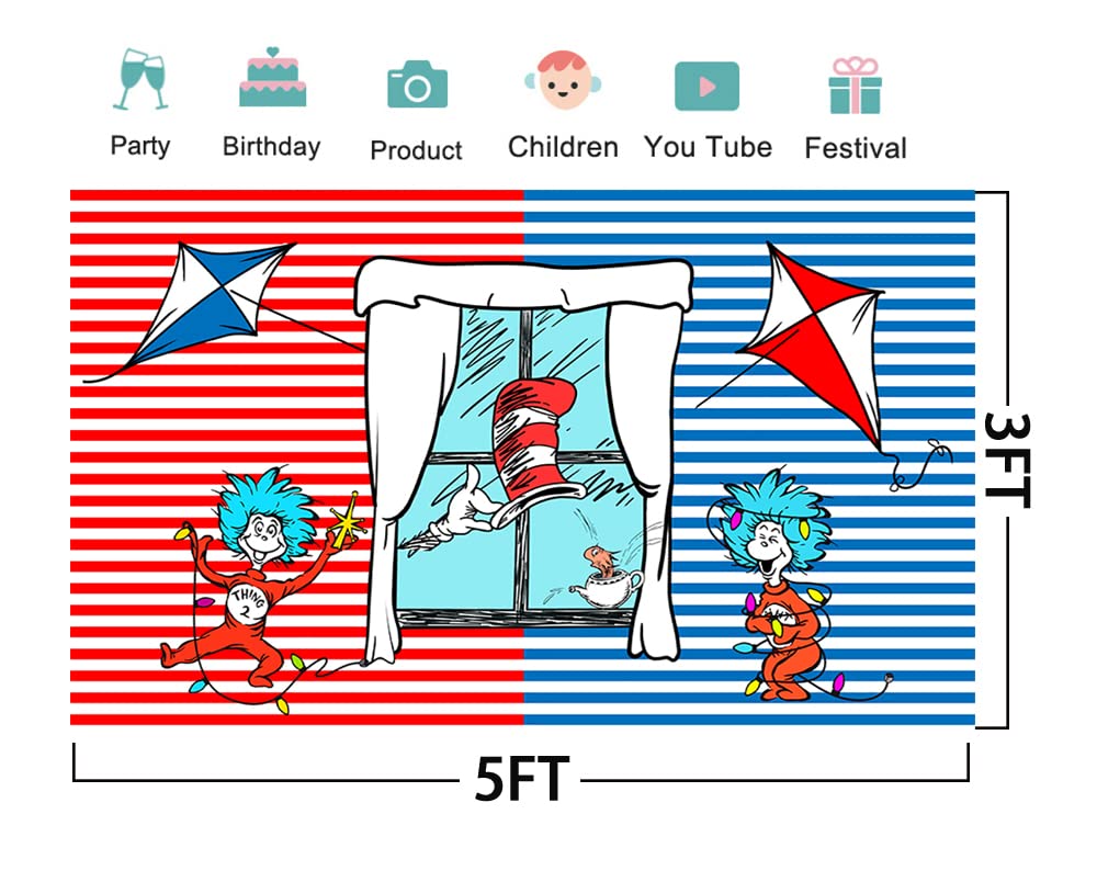 Red and Blue Stripes Backdrop Party Supplies Birthday Theme Photo Background Cat in The Hat Banner for Birthday Party Cake Table