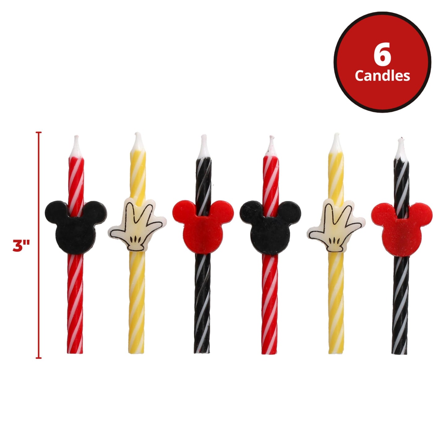 Disneys Mickey Mouse Birthday Cake Candles | 6 Birthday Candles for Cake Decorations, Red, Yellow & Black Stripe Candles for Mi