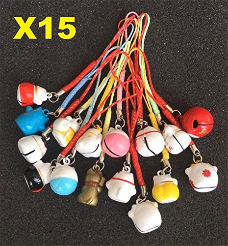 Eatingbiting 15Pcs Random Maneki Neko Fortune Lucky Japanese Beckoning Cat Keyring Keychain Key Rings, Fengshui Fortune Lucky Cat Kitty Key Chains Wealth Health Fortune Rich Money Symbol 15 Pack