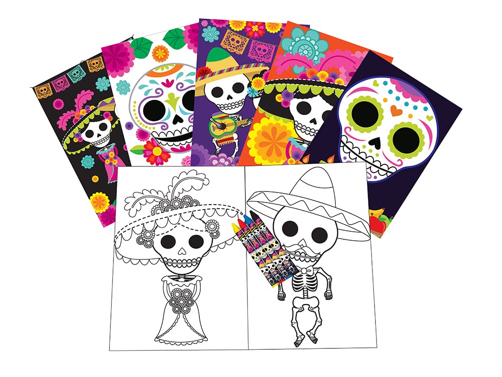 Tiny Mills Day of the Day Coloring Books for Kids with 12 Coloring Books and 48 Crayons, Halloween Party Favors, Dia de Los Muer