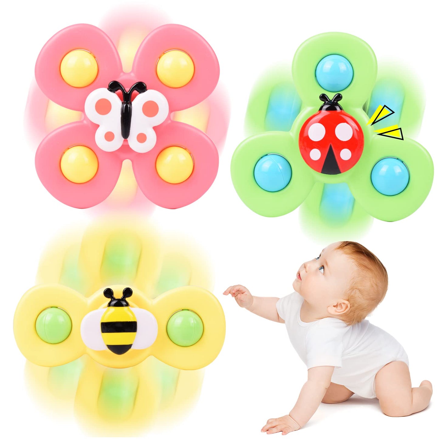 Suction Cup Spinner Toy For Baby 1 2 Year Old, 3Pcs Spinner Sensory Toys For Toddlers 1 3, Cartoon Baby Fidget Spinners Toys 12 Months Kids, High Chair/Dining Table/Window/Travelling (Colorful)
