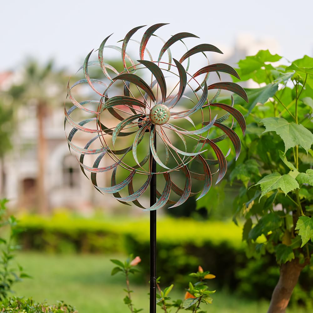 Viveta Large Outdoor Wind Spinner,21 * 85 Inches Metal Wind Sculpture With 4 Sturdy Stakes,Green Double Wind Spinners,Decorative