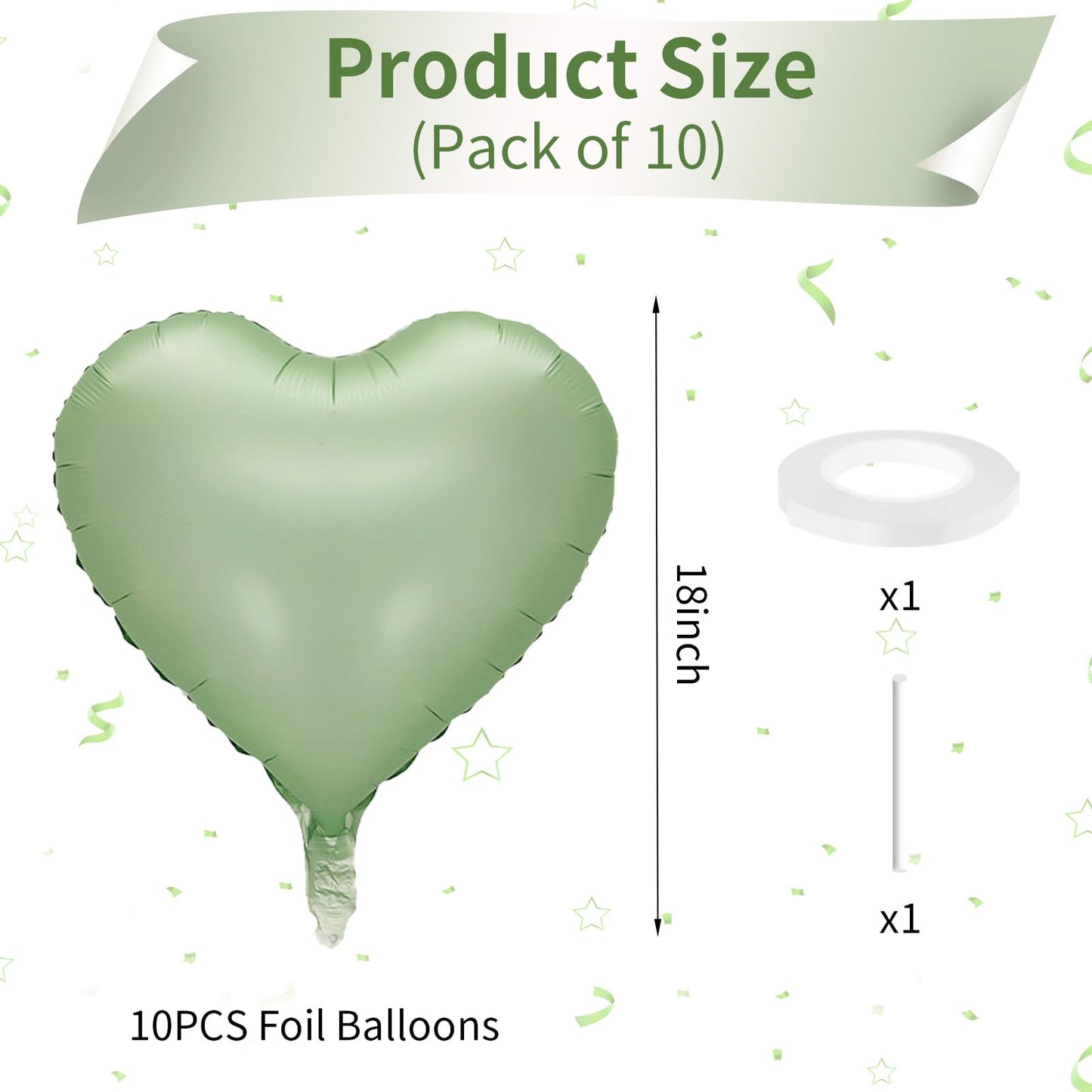 Sage Green Heart Balloon, 10Pcs Green Foil Heart Balloons, 18Inch Olive Green Heart Shape Balloons For Helium Birthday Party Dec