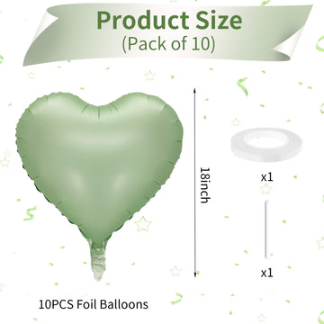 Sage Green Heart Balloon, 10Pcs Green Foil Heart Balloons, 18Inch Olive Green Heart Shape Balloons For Helium Birthday Party Dec