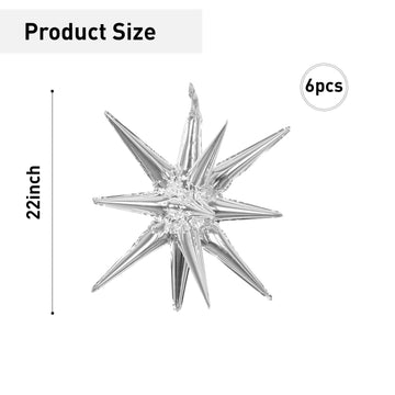 6 Pcs Silver Star Foil Balloons One-Piece 14-Pointed Star Balloons 4D Starburst Cone Mylar Balloons 22Inch Christmas Birthday We