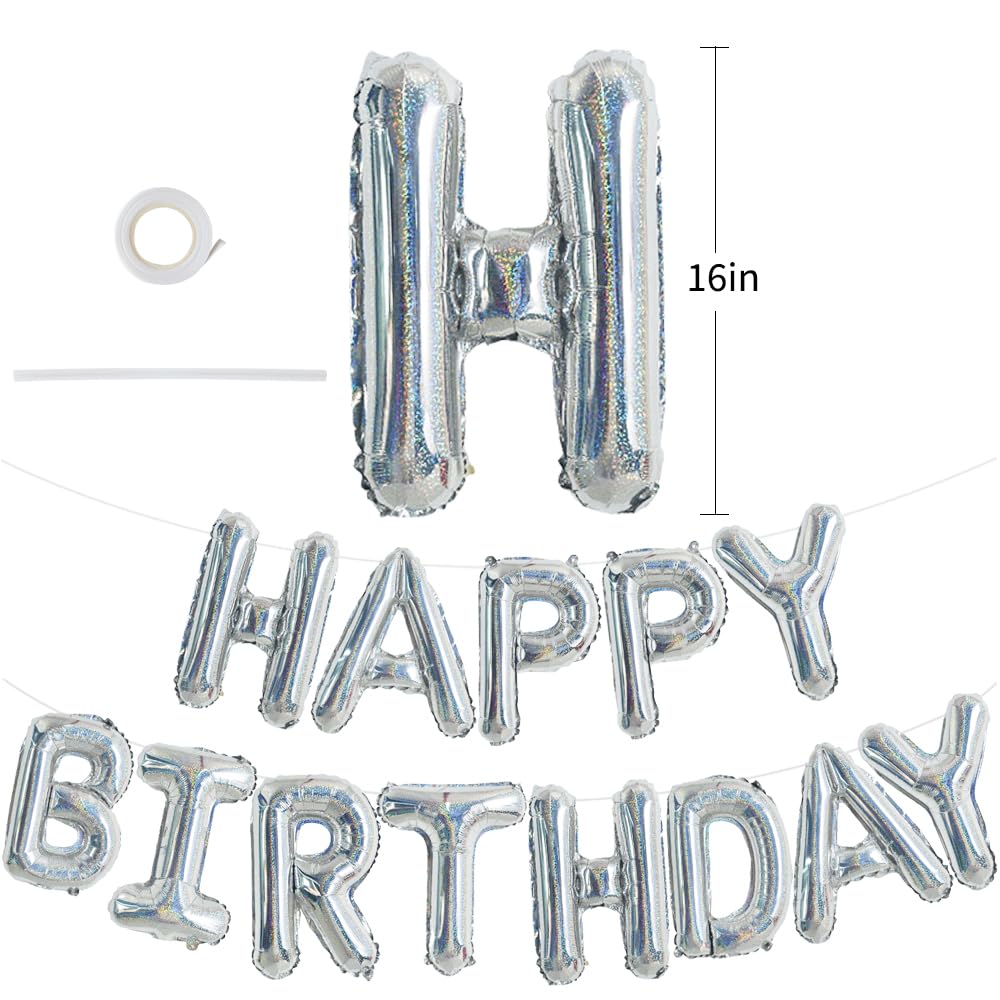 Toniful Laser Silver Happy Birthday Balloon Banner 16 Inch Mylar Foil Letters Birthday Sign Bunting Reusable For Girls Boys Kids