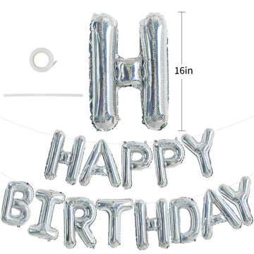 Toniful Laser Silver Happy Birthday Balloon Banner 16 Inch Mylar Foil Letters Birthday Sign Bunting Reusable For Girls Boys Kids