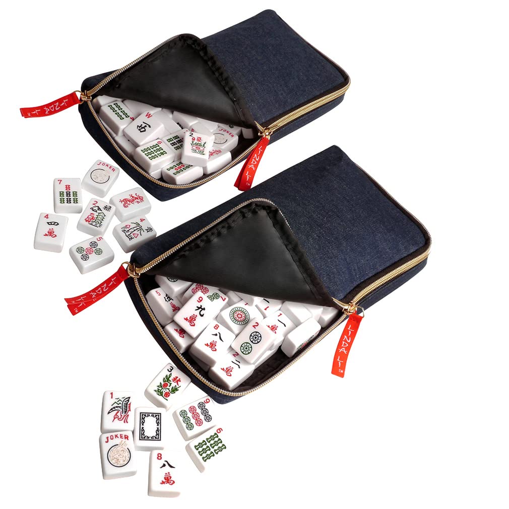 Linda Li New! - American Mah Jongg Set 166 Premium White Tiles, 4 All-In-One Rack/Pushers, Denim Blue Soft Bag - Stylish Full Size Complete Mahjong Set