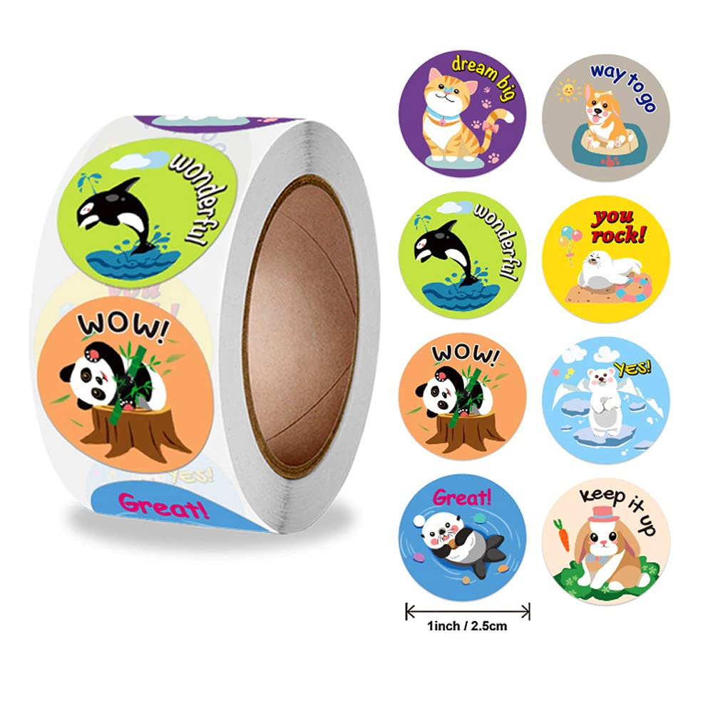 Aisatisforu Cute Animal Reward Stickers For Teachers, Motivational Incentive Stickers For Kids, 500 Pieces Roll 1 Inch Round 8 D