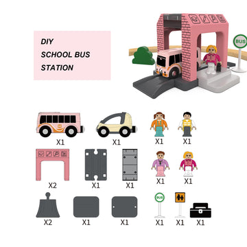 Hanqiann School Bus Station Toy For Wooden Train Track, Diy Extend Station Playset For Railroad Train Track,Preschool Learning E