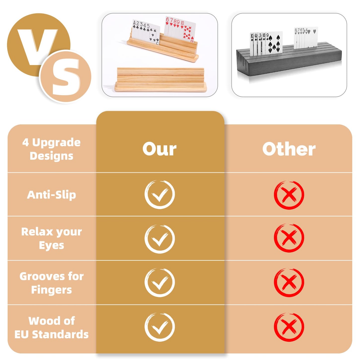 Jfmkaer Card Holders For Playing Cards 2Pcs, Handheld Groove Design For Comfortable Grip, Wooden Playing Card Holder For Adults,