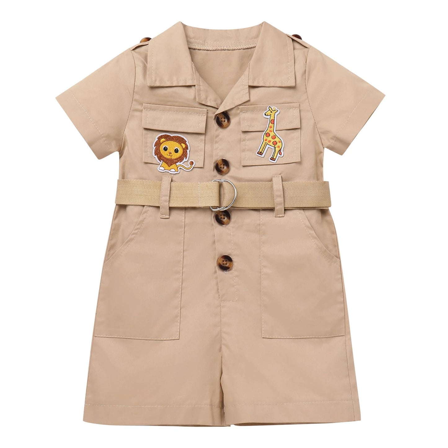 Idopip Baby Girls Safari Outfit Wild Animal Jumpsuit + Hat Toddler Summer Birthday Party Clothes Set Overall Shorts Photo Shoot Bodysuit With Belt Khaki 6-12 Months
