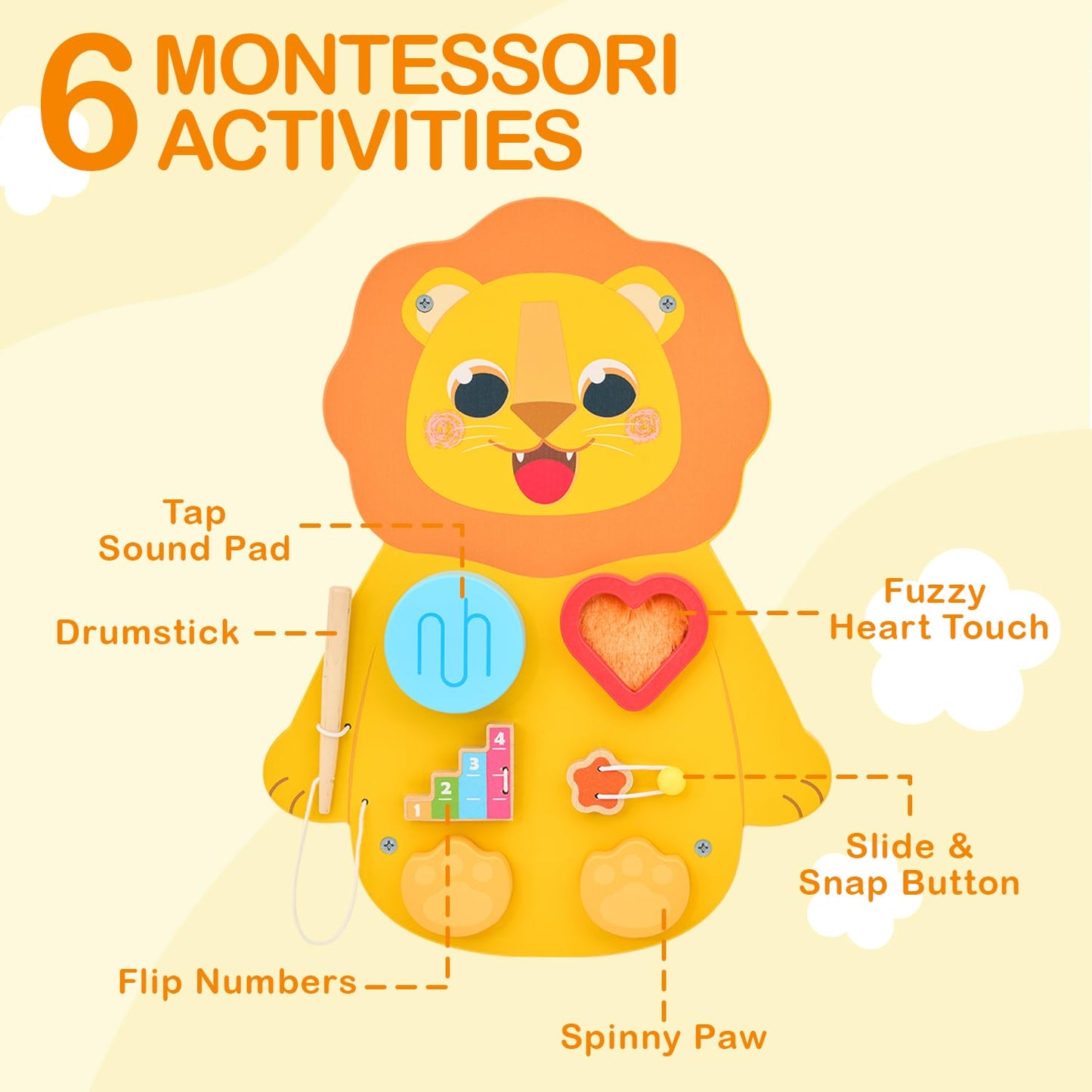 Monlurd Wooden Lion Sensory Wall Toy, Busy Board For Toddlers, Montessori Sensory Wall Panel For Kids, Ideal For Classroom, Play