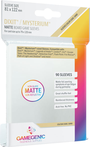 Matte Board Game Sleeves | Pack of 90 Matte Sleeves | 81 by 122 mm Card Sleeves Optimized for Use with Dixit and Mysterium | enhanced Card Protection | FFG Sand Color Code | Made by Gamegenic