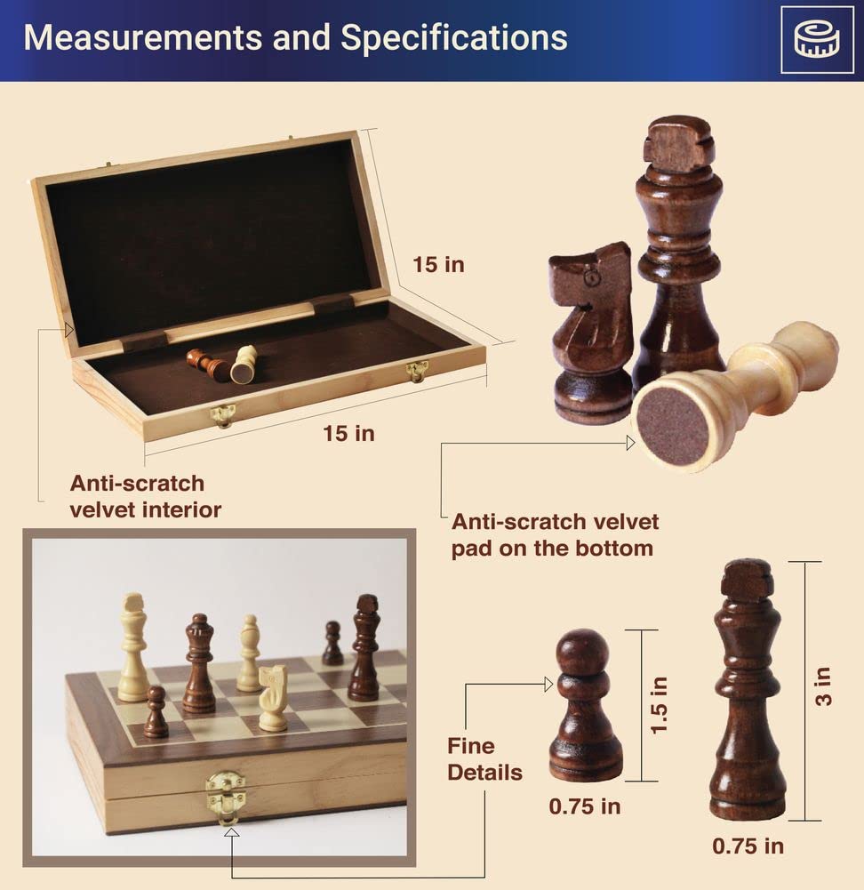 Fun+1 Toys! Wooden Chess Set For Adults And Kids, 15 '' Portable Chess Board Set With Chess Pieces & Drawstring Bag