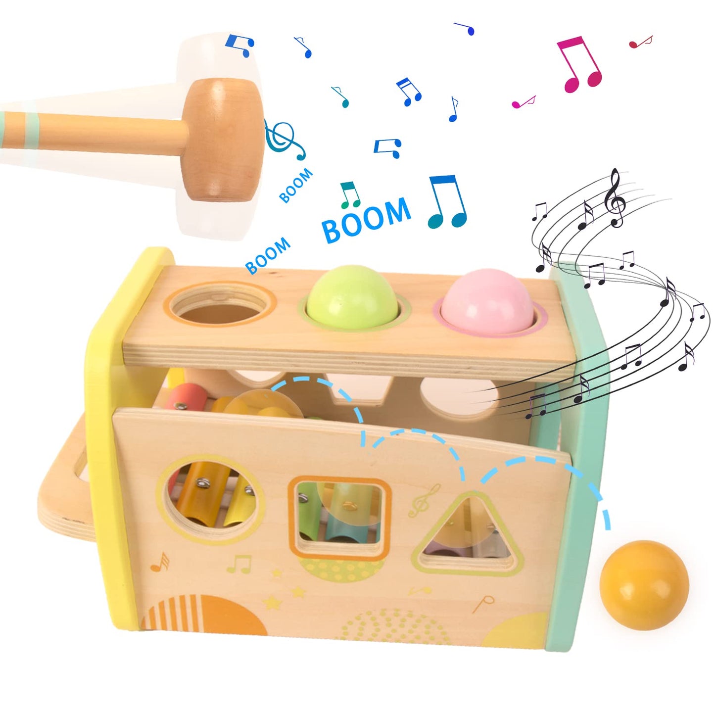 Woodenfun Hammering Pounding Toys Wooden Educational Toy Xylophone Shape Sorter, Birthday Gift For 1 2 3 Years Boys Girls Baby Toddler Kids Developmental Montessori Learning Toy (Yellow)