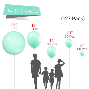 Partywoo Mint Balloons, 127 Pcs Mint Green Balloons Different Sizes Pack Of 36 Inch 18 Inch 12 Inch 10 Inch 5 Inch Pastel Turquoise Balloons For Balloon Garland Or Arch As Party Decorations, Mint-Q03