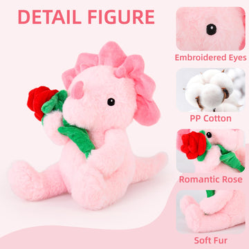 Valentine'S Day Gifts For Kids, Pink Dinosaur Stuffed Animal With Rose, Soft Triceratops Stuffed Toy For Girls, Fine Gifts For H