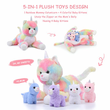 Morismos Unicorn Kitty Cat Stuffed Animal With Caticorn Babies, 22'' Mommy Cat And 4 Baby Kitten Stuffed Animals, Rainbow Cat Unicorn Plush Pillow, Kitty Unicorn Toy For Girls Boys Birthday Gift