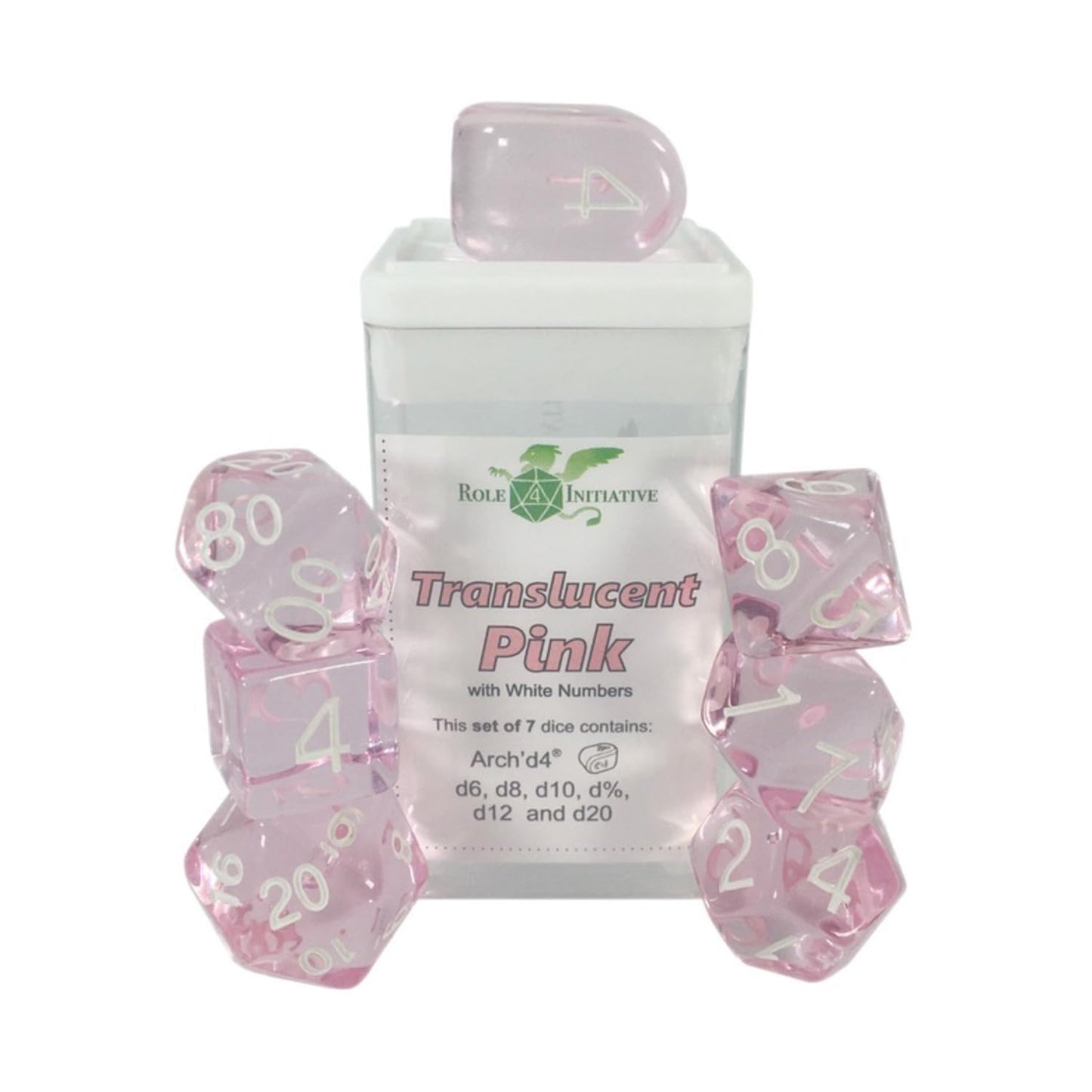 Role 4 Initiative Polyhedral Dice - Translucent Pink W/White And Arch'D4 (7)