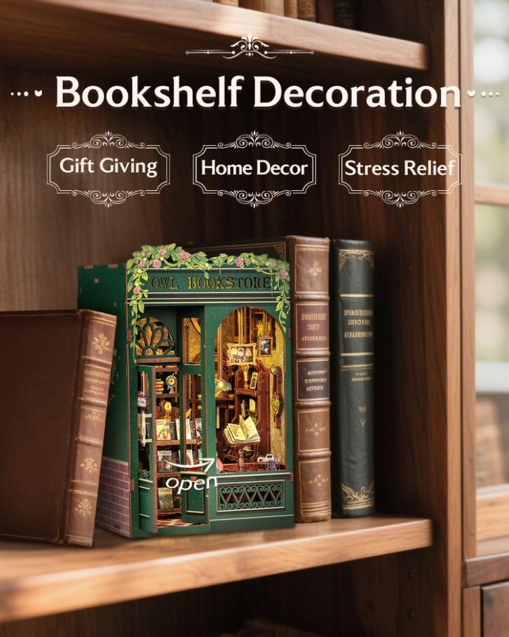 CUTEBEE Book Nook Kit  DIY Miniature House Kits for mature-themed and Teens  Dollhouse Mini Booknook House Bookshelf Decor  DIY Craft Gifts for Family and Friends(Owl Bookstore)