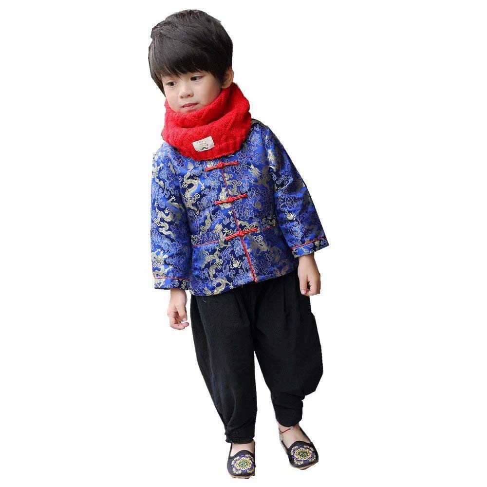 Little Boys Dragon Tang Coat Long Sleeve Chinese Clothing Children Costumes Boy Jackets Outfit Tops (Blue, 12)
