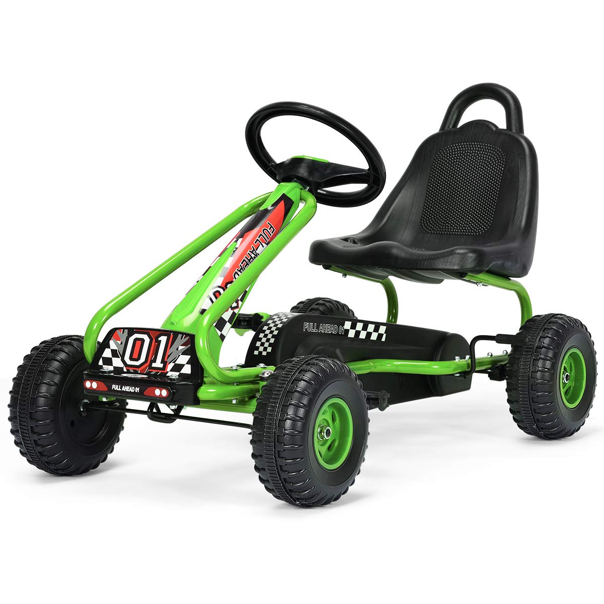 Costzon Go Kart For Kids, 4 Wheel Pedal Powered Go Cart With Adjustable Seat, Handbrake & Non-Slip Wheels, Outdoor Racer Ride On Pedal Car, Gift For Boys Girls (Green)