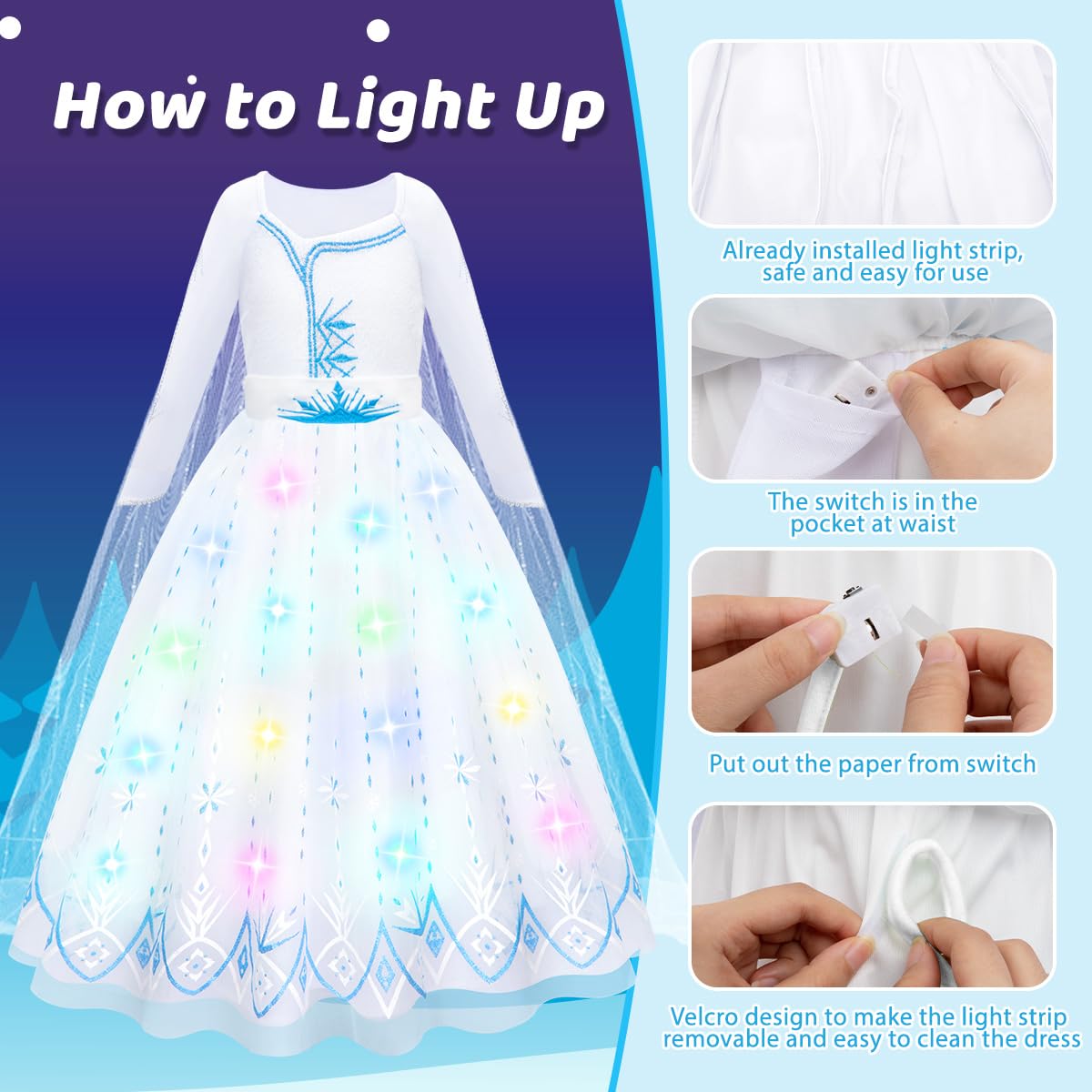Meland Princess Dress Up For Girls - Light Up Princess Costume For Girls 3-10 Year Old, Gift For 3,4,5,6,7,8,9,10 Year Old(3-4 Years)