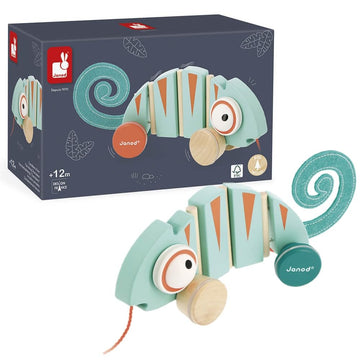 Janod - Tropik Pull-Along Chameleon - Wooden Early-Learning Toy - Silent Wheels - Educational Walking And Balancing Toy - Water-Based Paint - 1 Year + J08264, Green