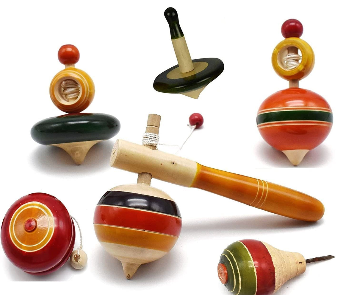 Signy Handcrafted Channapatna Wooden Spinning Tops Set | Traditional Lattu Bhawra Bambaram Toy | Pack Of 6 Colorful Spin Tops | 
