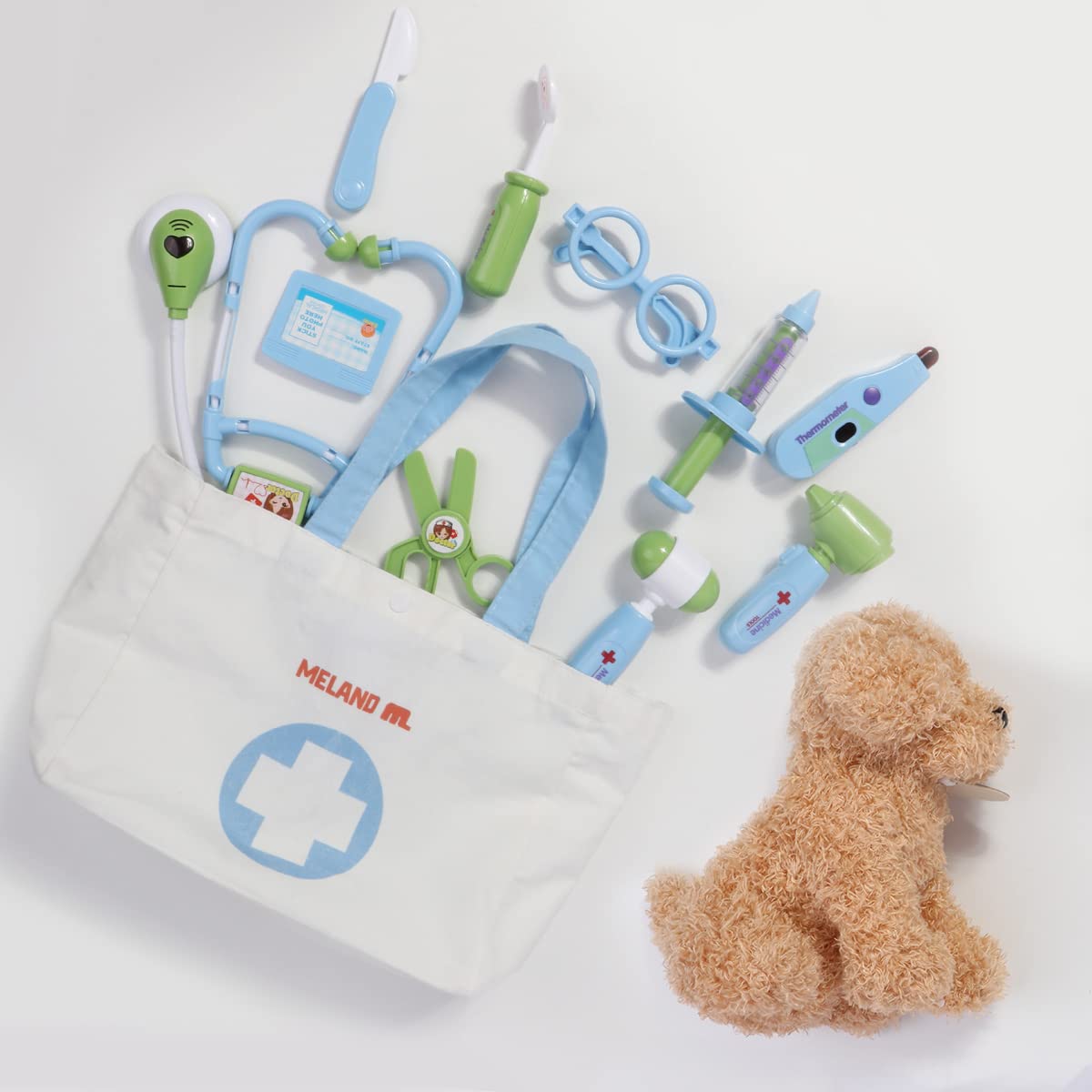 Meland Toy Doctor Kit for Kids - Pretend Play Doctor Set with Dog Toy, Carrying Bag, Stethoscope Toy & Dress Up Costume - Doctor