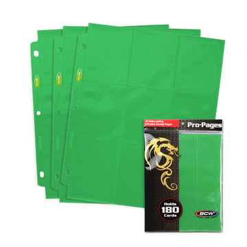 Bcw Double-Sided 9-Pocket Pages Holder - 10 Green Pages | Trading Card Binder Sheets | Secure Side Loading | Ideal Card Storage 
