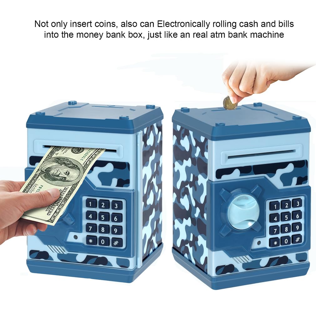 Setibre Piggy Bank, Electronic Atm Password Cash Coin Can Auto Scroll Paper Money Saving Box Toy Gift For Kids (Camouflage Blue)
