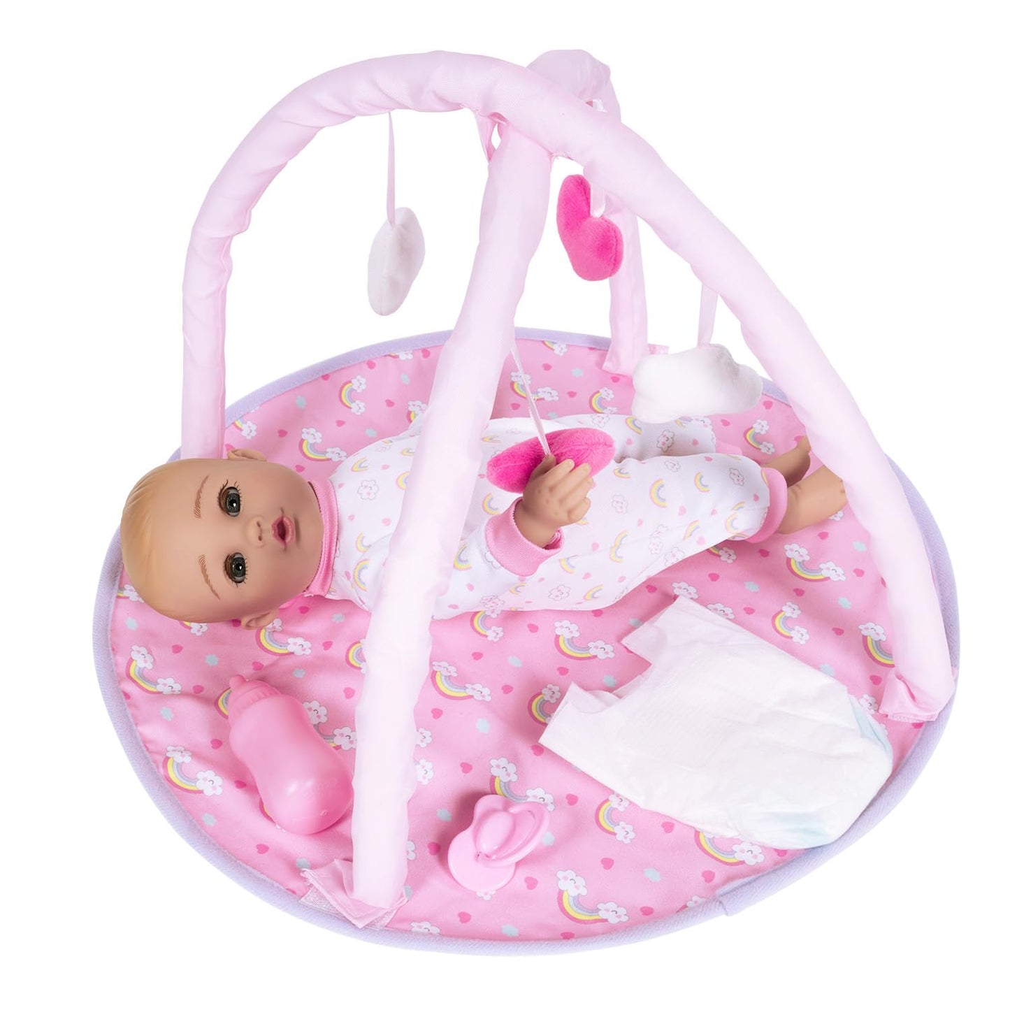 ADORA Over The Rainbow Baby Doll and Play Mat with 7 Piece Accessories Set Including Rainbow-Print Onesie, Beanie, Pacifier, Dol
