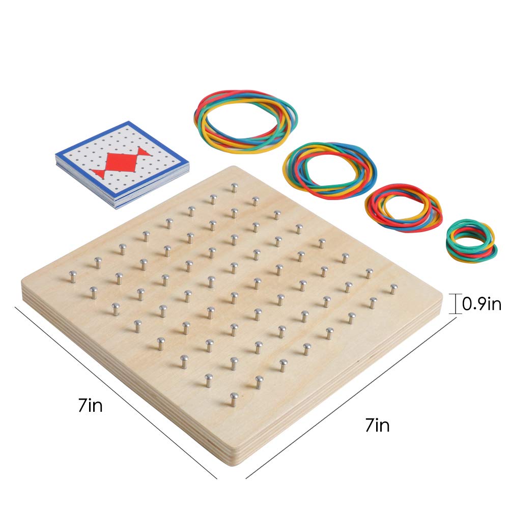 Kizh Wooden Geoboard Math Manipulative Material Graphical Geo Board Montessori Educational Toys Array Block Pattern Cards and Rubber Bands STEM Puzzle Matrix 8x8 Brain Teaser Toys