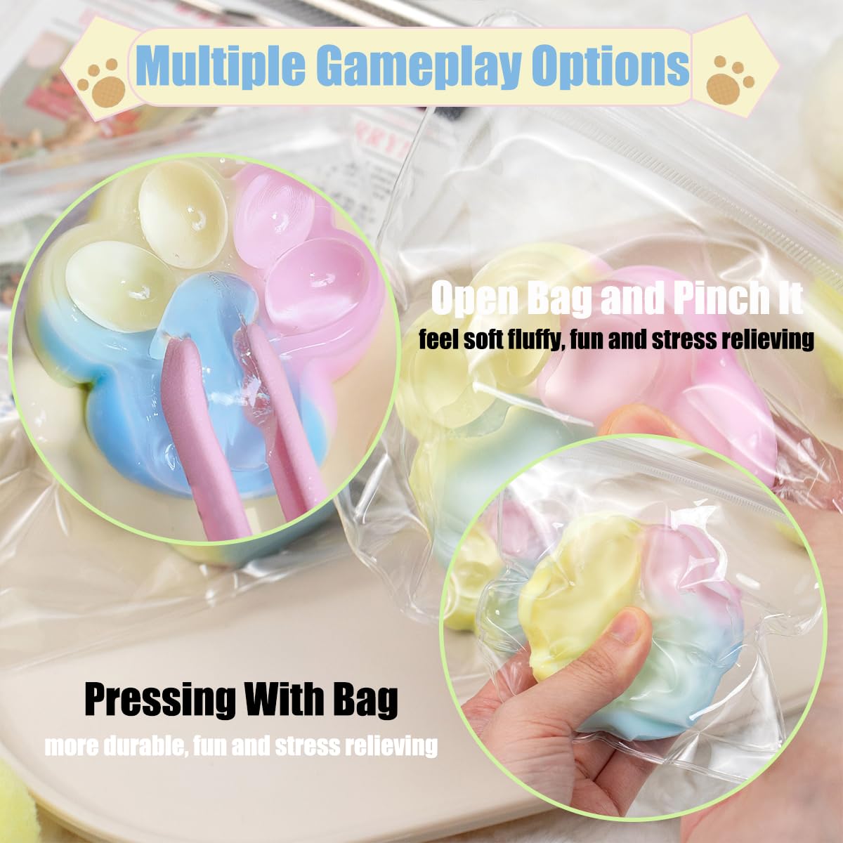 Hunfuthr 2Pcs Taba Squishy Cat Paw Squeeze Toys, Cute Cat Paw Squishy Toys for Stress Relief, Soft Jelly Kitty Squeeze Fidget To